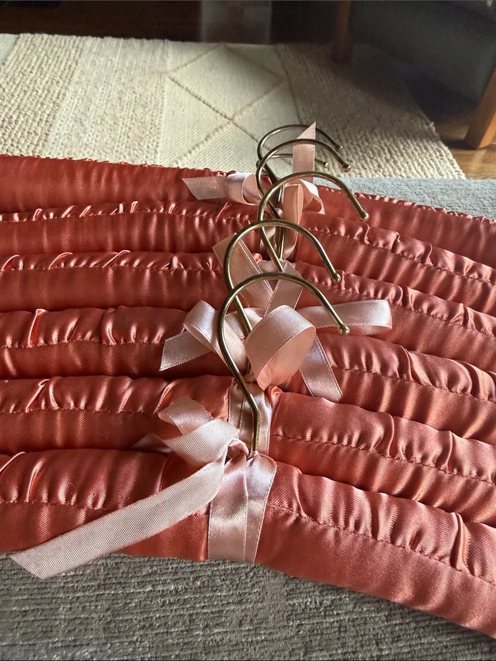 Set of 6 Satin Padded Hangers in Coral Pink with Ribbon